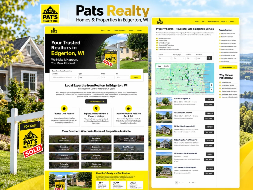 Pats Realty real estate website showcasing homes and properties for sale in Edgerton, Wisconsin