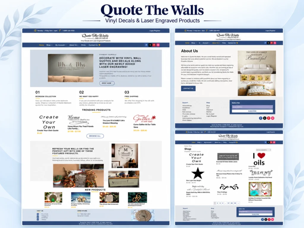 Quote The Walls ecommerce website for custom vinyl wall decals and laser engraved products