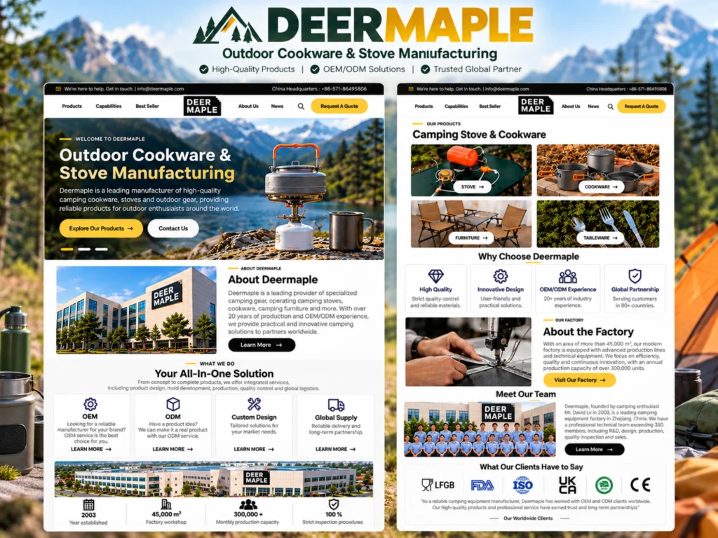 DeerMaple outdoor cookware and camping stove manufacturing website design showcasing camping products and OEM services