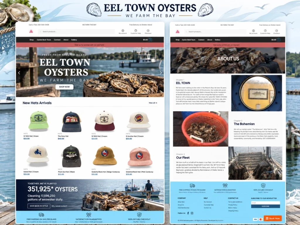 Eel Town Oysters eCommerce website design showcasing oyster products and About Us page